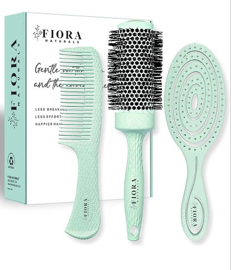 Hair Brush Set For Women - Fiora Naturals Hair Detangler Brush, Round Brush, and Comb Set - Bio-friendly Hairbrushes for Detangling and Blow Drying - For All Hair Types, Natural, Fine & Curly. Brush And Comb Set, Natural Hair Brush, Volumizing Hair, Brush And Comb, Hair Brush Set, Comb Set, Detangling Brush, Effortless Hairstyles, Wet Brush