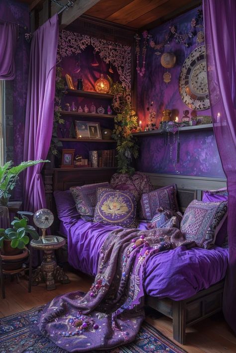 29 Purple Witchy Bedroom Ideas for a Magical Space 8 Purple Witchy Bedroom, Bedroom Inspirations Purple, Maximalist Decor Bedroom, Witchy Bedroom Ideas, Bedroom Aesthetic Dark, Burgundy Bedroom, Witchy Bedroom, Rustic Bed Frame, Purple Drapes