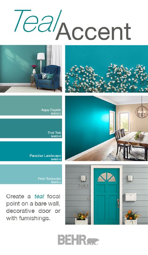 Searching for an easy way to add a modern twist to your neutral color palette? Explore these trending teal accent wall colors from Behr Paint. Bright shades of blue like Aqua Rapids, Thai Teal, Paradise Landscape, and Pure Turquoise pop against beige, gray, or white walls. Click below to see more. Behr Caribe Color Schemes, Blue Teal Color Palette Living Room, Teal Blue Interior Design, Turquoise Wall Paint Ideas, Calming Teal Bedroom, Colours To Go With Teal, Teal Statement Wall, Colours That Go With Teal Living Rooms, Sophisticated Teal Behr Color Palettes