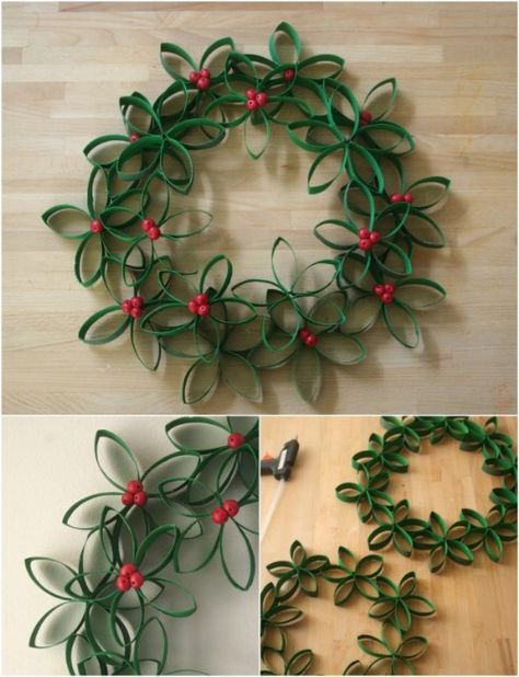 Toilet Roll Wreath Toilet Paper Roll Art, Make A Wreath, Toilet Paper Crafts, Toilet Paper Roll Crafts, Paper Roll Crafts, Beautiful Decoration, Craft Paper, Christmas Deco, Xmas Crafts