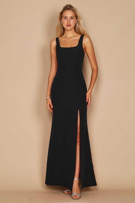 Dylan & Davids Long Formal Square Neckline Evening Dress | The Dress Outlet Black Dress With Square Neckline, Square Neckline Dress Formal, Short Sleeve Prom Dress Long, Spaghetti Strap Formal Dress, Black Square Neckline Dress, Thick Strap Dress Formal, Dresses With Square Necklines, Square Neckline Formal Dress, Black Sleeveless Formal Dress