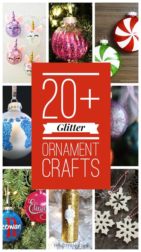 Clear Ornaments With Glitter Inside, How To Make Glitter Ornaments Diy, How To Glitter Ornaments, Diy Christmas Glitter Ornaments, Personalized Glitter Ornaments, How To Glitter Inside Ornaments, Diy Clear Glass Ornament Ideas, Decorating Clear Plastic Ornaments, Cricut Ornaments Diy Christmas Gifts