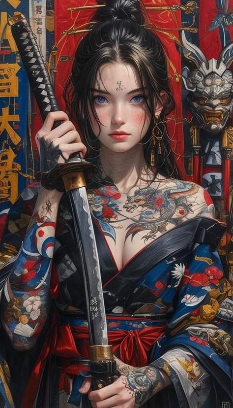 Japan Girl Tattoo, Lady Samurai, Female Artworks, Yakuza Girl, Female Samurai Art, Samurai Design, Female Samurai, Queen's Blade, Geisha Tattoo