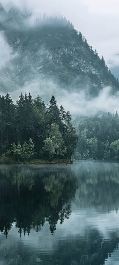 Misty Forest Reflection in Serene Mountain Lake royalty free stock image Misty Forest Aesthetic, Misty Forest Background, Misty Mountain Photography, Forest Top View, Misty Mountains Aesthetic, Rivers Photography, Quiet Landscape, Foggy Lake Aesthetic, Foggy Forest Mountain