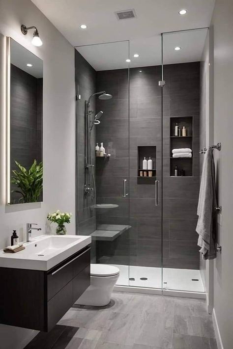 Small Powder Bathroom Ideas, Powder Bathroom Ideas, Small Grey Bathrooms, Light Grey Bathrooms, Simple Small Bathroom Ideas, Small Apartment Bathroom, Timeless Bathroom, Small Bathroom Design, Elegant Bathroom