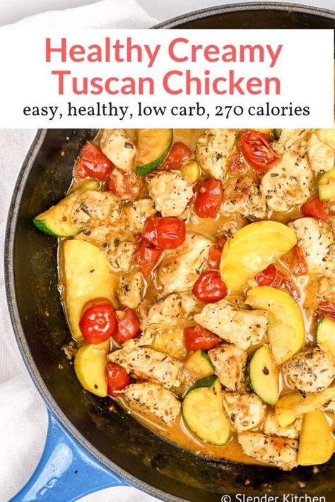 This Healthy Tuscan Chicken is a copycat of the Olive Garden favorite but lightened up! This dish is made with the most delicious creamy tomato Parmesan sauce, tender chicken breast, zucchini, and summer squash. Healthy Tuscan Chicken, Cena Keto, Slender Kitchen, Diet Dinner Recipes, Under 300 Calories, Chicken Zucchini, Tuscan Chicken, Chicken Dish, 300 Calories