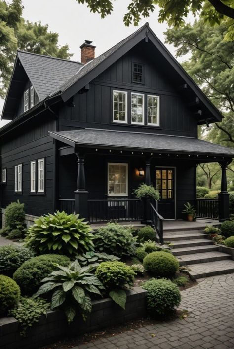 Black House With Porch, Brown House With Black Trim, Small Black House Exterior, Black Roof House Colors Exterior Paint, Black Painted House, Exterior Black House, Black Craftsman House, Black House Aesthetic, All Black House