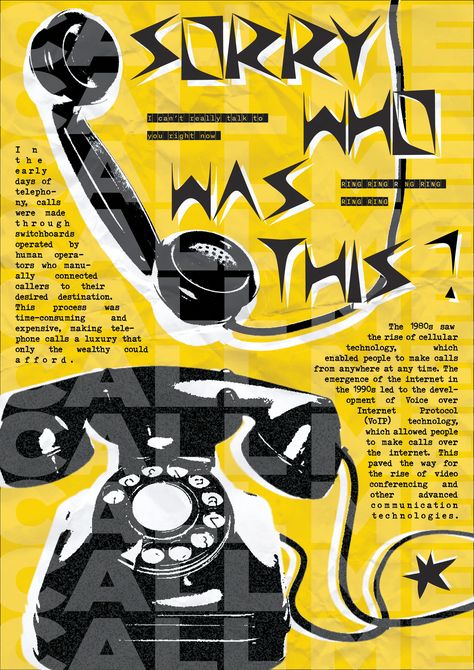 #graphicdesign #poster #typography #illustrator #photoshop #adobe #behance #itsnicethat #punk #yellow #telephone Graphic Design Posters Yellow, Newspaper Graphic Design Poster, Retro Phone Illustration, Typography Event Poster, Typography Poster Design Illustration, Advertisement Poster Ideas, Phone Poster Design, Office Poster Design, Aesthetic Advertisement