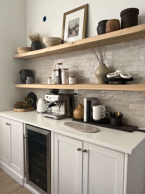 Breville Barista Express Espresso … curated on LTK Coffee Bar In Family Room, Coffee Bar Wall Shelves, Dinner And Living Room Together, Coffee Bars In Kitchen Modern, Ikea Coffee Bar, Coffee Bar Shelves, Modern Coffee Bar Ideas, Expresso Bar, Chic Coffee Bar