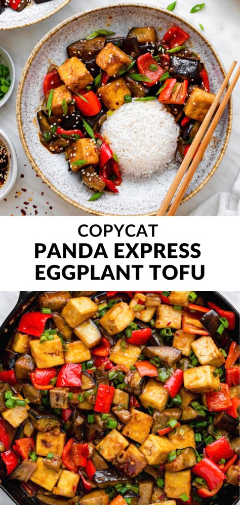 This copycat recipe of Panda Express Eggplant Tofu combines crispy tofu, fried eggplants, and red peppers with a sticky sweet and spicy sauce! It makes the perfect weeknight dinner because it can be on the table in around 30 minutes. Vegan and gluten-free! Panda Express Tofu And Eggplant Recipe, Panda Express Eggplant Tofu Recipe, Ampalaya Con Carne, Eggplant Tofu Recipe, Eggplant Tofu, Panda Express Copycat, Tofu Fried, Spicy Eggplant, Dinner Recipes Healthy Family