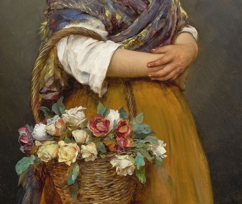 Eugene de Blaas (Austrian, 1843-1931) ~ Young Girl With A Basket Of Flowers, 1894/98 ✿ | Arte e dettagli nell'Arte Eugene De Blaas, Flower Bouquet Painting, 18th Century Paintings, Antique Painting, Basket Of Flowers, Picking Flowers, Ethereal Aesthetic, Russian Painting, Italian Painters