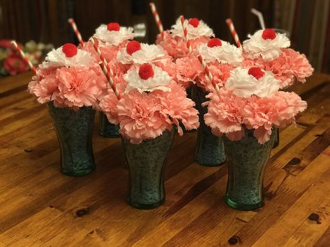 50s Sock Hop/Diner Milkshake Party centerpieces 50 Themed Party 1950s, Grease Diner, Sock Hop Crafts, 50s Sock Hop Party Table Ideas, 50s Party Ideas Decoration, 50s 60s Party Decorations, 50 Theme Party Ideas 50s Diner, 50 Sock Hop Party Ideas, Sock Hop Centerpieces Table Decorations