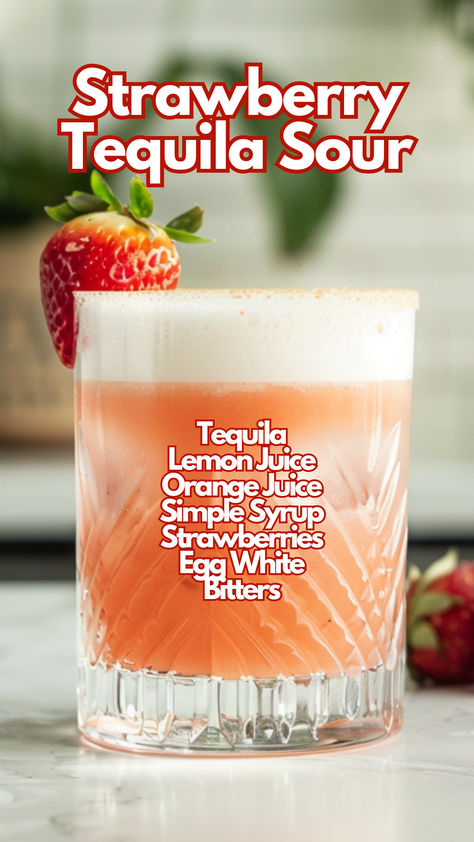 Strawberry Tequila Sour Tequila Sour, Strawberry Cocktail Recipe, Sour Cocktails, Lemon Margarita, Strawberry Tequila, Unique Drinks, Winter Holiday Recipes, Juice Cocktails, Tequila Recipe