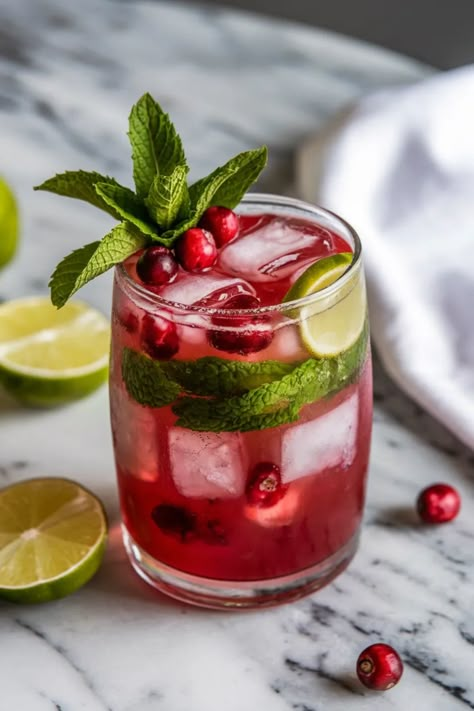 A photo of a  Cranberry Mojito a Cranberry Cocktails Cranberry Mint Cocktail, Cranberry Lime Cocktail, Cranberry Mojito Recipe, Cranberry Rum Cocktail, Cocktails With Cranberry Juice, Cranberry Limeade, Holiday Mojito, Cocktail With Mint, Christmas Mojito