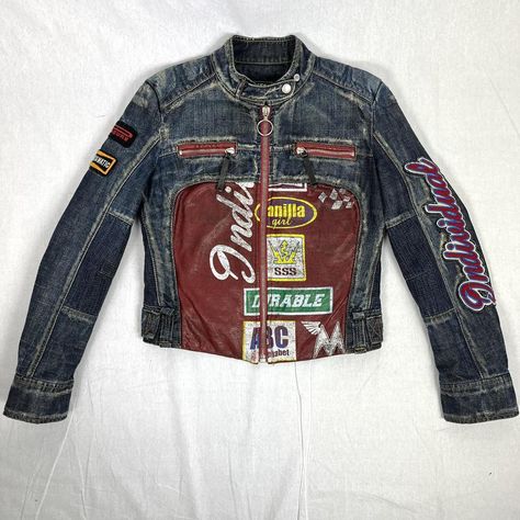 Moto Denim Jacket, Vintage Miss Sixty, Biker Core, Denim Moto Jacket, Miss Sixty 90s, Denim Biker Jacket, Biker Denim, Biker Aesthetic, Miss Sixty