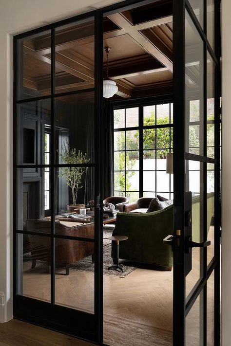 Office French Doors Study, Black French Doors Interior, Home Office French Doors, Home Office Glass Doors, Glass French Doors Interior, Glass Office Doors, Office French Doors, French Doors Living Room, Office With French Doors