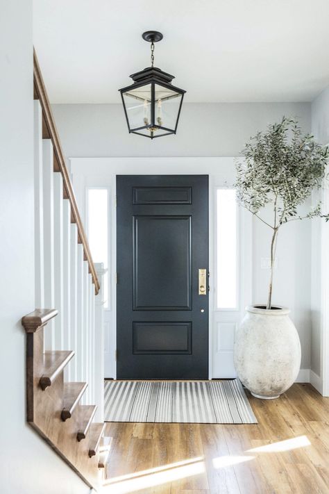 Black Front Doors Interior Entryway, Transitional Entry, Front Door Interior, Interesting Interiors, Entry Ideas, Black Front Doors, Door Colors, Entryway Inspiration, Apartment Decoration