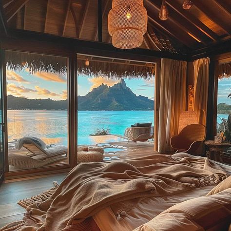 Page FB : Beautiful Scenery..Bora Bora Cozy Coastal Bedroom, Bora Bora Hotels, Romantic Bed, Beachfront House, Book Flights, Relaxing Places, House Viewing, Coastal Bedroom, Dream Beach