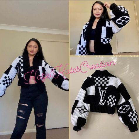 Inspired By LV.. Black and white Patch Crochet Cardigan, Crochet Black And White, White Sweater Jacket, Black And White Crochet, Black And White Cardigan, Crochet Sweater Vest, Knot Tattoo, Crochet Cardigans, Crochet Hoodie