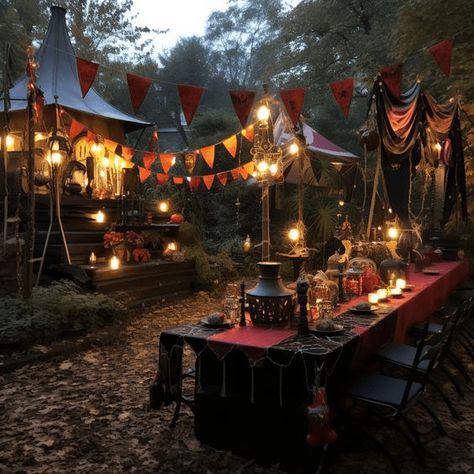 13 Creative Halloween Party Ideas • The Nook on 32 Halloween Themed Night In, Witchlight Carnival Aesthetic, Abandoned Carnival Aesthetic, Victorian Carnival Aesthetic, Dark Circus Theme Party, Vintage Halloween Carnival, Medieval Halloween Party, Medieval Circus Aesthetic, Party Streamers Ideas