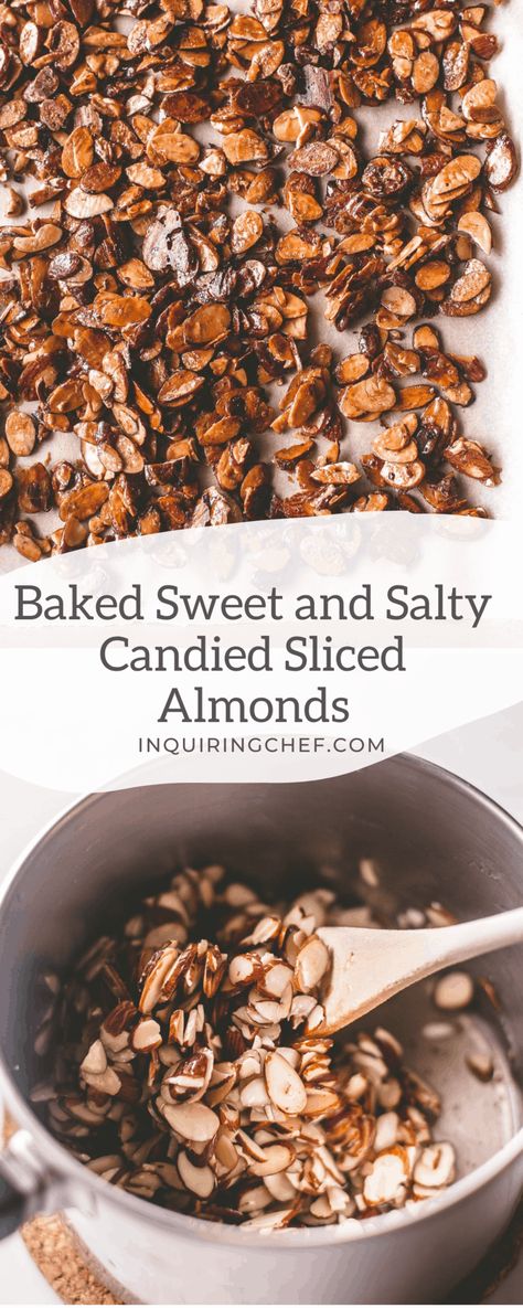 With great crunch and golden toasted flavor, these make a great snack, topping for desserts, added to granola or a bowl of yogurt, or to add a crunchy element to salads. Sliced Almonds Recipes, Almond Dessert Recipes, Almond Crunch, Candied Almonds, Almond Granola, Vegan Candies, Finger Foods Easy, Thanksgiving Food Desserts, Nut Recipes