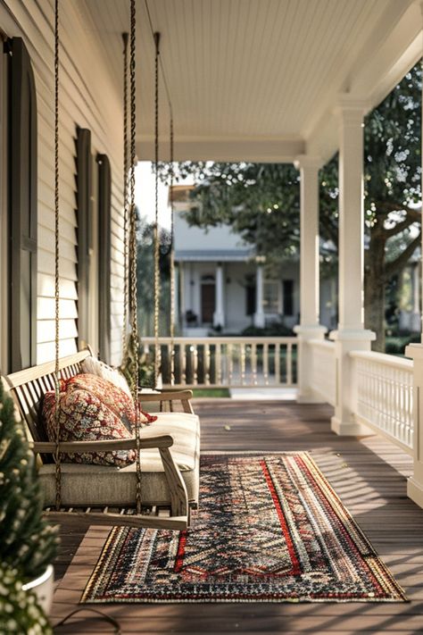 21 Long Front Porch Decor Ideas - Remodr Hanging Porch Swings, Cottage Front Porch Ideas, Long Front Porch Ideas, Craftsman Style Front Porch, Porch Swing Ideas, Boho Front Porch, Long Front Porch, Victorian Front Porch, French Country Porch