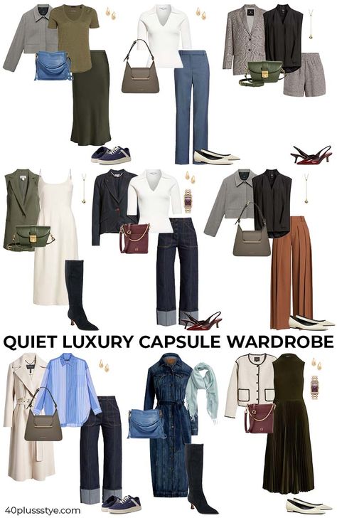 Capsule Wardrobe With Dresses, Quiet Luxury Casual Outfit, Quiet Luxury Outfits 2024, Quiet Luxury Winter Outfit, Classy Capsule Wardrobe, Luxury Capsule Wardrobe, Petite Capsule Wardrobe, Quiet Luxury Style, Quiet Luxury Aesthetic