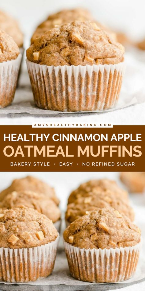 These Healthy Cinnamon Apple Oatmeal Muffins are a perfect fall treat! Moist and full of cozy spices, these oat muffins are one of the best apple recipes. This easy healthy breakfast is also clean eating, low fat, and low sugar with a gluten free option! Thm Apple Muffins, Apple Oat Muffins Healthy, Apple Oats Muffin, Healthy Apple Filling, Healthy Fall Breakfast Muffins, Simple Apple Cinnamon Muffins, Low Cholesterol Muffin Recipes, Healthy Apple Oatmeal Muffins, Breakfast Apple Muffins