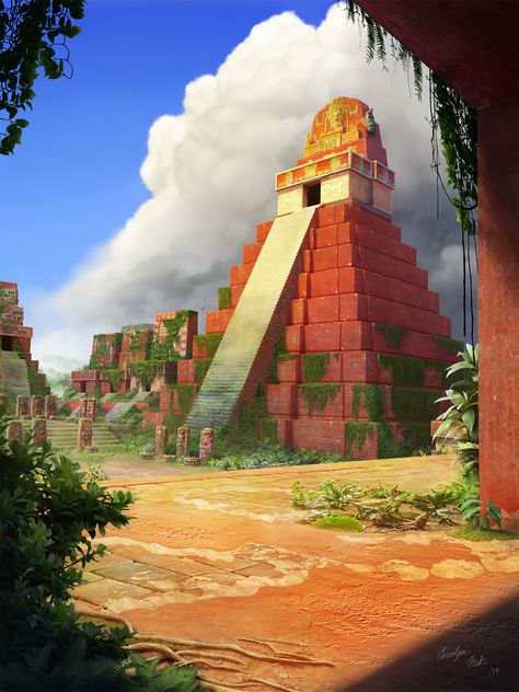 ArtStation - Tikal Ruins - Commissioned Work, Carolyn Fisk Fantasy Mesoamerica, Lost Temple, Mayan Architecture, Maya Art, Mayan Cities, Mayan Art, Spaceship Art, Temple Art, Ancient Mayan