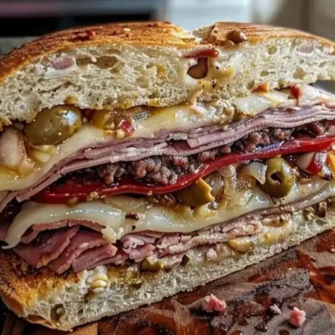 Muffaletta Sandwich Recipe Muffaletta Bread, Muffaletta Recipe, Muffuletta Recipe, Boat Recipes, Chopped Cheese Sandwich, Muffaletta Sandwich, Crunchy Bread, Chicken Spinach Pasta, Mustard Chicken Recipes