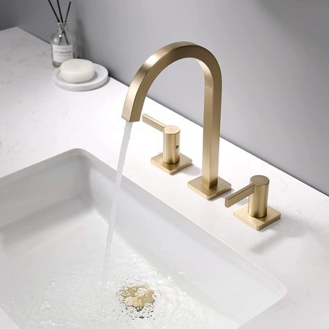 Gold Faucet Bathroom, Brushed Gold Bathroom Faucet, Gold Bathroom Fixtures, Brushed Brass Bathroom, Brushed Gold Bathroom, Gold Bathroom Faucet, Owners Suite, Brass Bathroom Faucets, Gold Faucet