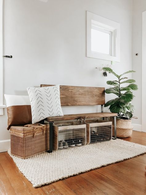 that it wouldn’t hang out further than the seat. Diy Bench With Back, Entryway Bench Decor, Diy Bank, Diy Entryway Bench, Upper East Side Apartment, Diy Storage Rack, Diy Mudroom Bench, Rustic Entryway, Entry Bench