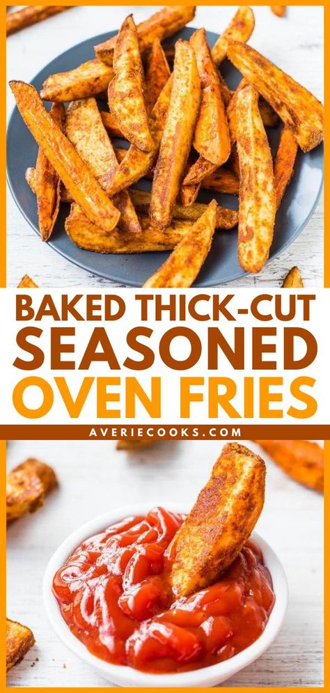 Baked Thick-Cut Seasoned Oven Fries, snack ideas, potato side dishes Homemade Fries In Oven, Seasoned Fries Recipe, Fries Oven, French Fry Seasoning, Homemade Snacks Recipes, Oven Baked Fries, Oven Fries, Best Potato Recipes, Potato Side Dish