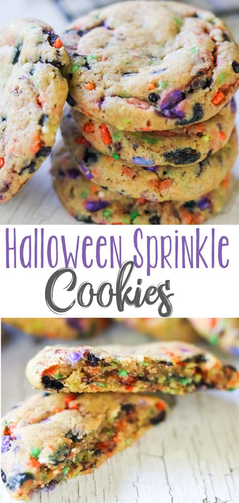 These Halloween Sprinkle Cookies are soft, thick, buttery dough baked to perfection and with adorable Halloween sprinkles to boot. Can we get any cuter than this? #HalloweenTreatsWeek #sponsored Halloween Fingerfood, Biscuits Halloween, Cookies Halloween, Halloween Sprinkles, Bakewell Tart, Halloween Baking, Devils Food, Sprinkle Cookies, Cookies Decorated