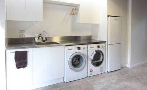 remodeled laundry room in garage Scullery Laundry Combined, Laundry Room In Garage, Laundry Scullery, Scullery Laundry, Room In Garage, Scullery Ideas, Kitchen Scullery, Creek Ideas, Garage Laundry Rooms