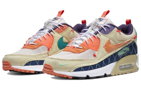 Introducing the Nike Air Max 90 ‘Mountaineering’ edition – a retro runner with an outdoor-inspired makeover. The upper combines a Team Gold mesh base with tonal leather overlays and multicolored TPU accents, giving this shoe a unique look that will turn heads. Decorative stitching is applied to the navy textile mudguard, while webbing pull tabs in Total Orange are appended to the tongue and heel. Additional details include lace locks, mismatched Swooshes and metallic silver detailing on the medi Custom Kicks, Orange Camo, Popular Sneakers, White Sneakers Women, New Nike Air, Triple Black, Mens Trainers, Man Running, News Release