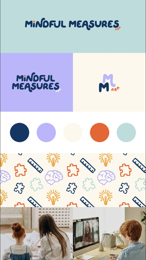 Logo, brand pattern, images of kids learning Brand Illustration System, Primary Secondary And Submark Logo, Therapist Graphic Design, Color Palette For Logos Brand Board, Photography Studio Brand Identity, Secondary Logo Ideas, Submark Logo Design, Wellness Clinic Logo, Music Branding Design