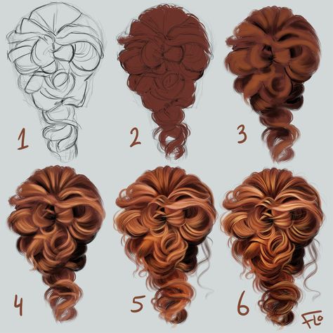 Hair Brush Drawing, How To Draw Hair Step By Step, Drawing Curls, How To Shade Hair, How To Draw Curls, Art With Flo, Brushing Hair, Procreate Tips, Digital Painting Techniques