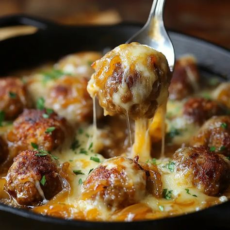 French Onion Meatballs – Naomi's Recipes French Onion Soup With Meatballs, French Onion Soup Meatballs, French Meatballs, French Onion Meatballs Recipe, French Onion Meatballs, Onion Meatballs, Mini Meatloaf Recipes, Savory Meatballs, Over Mashed Potatoes