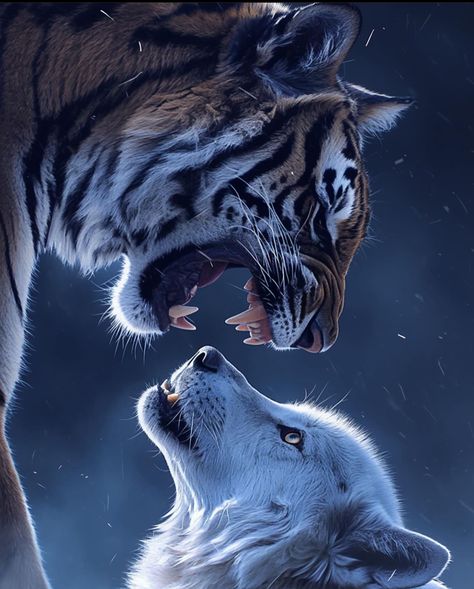 Wolf And Kitten, Wolf And Tiger, Tiger Art Drawing, Photo Gifts Diy, Art Wolf, Tiger Artwork, Gamer Pics, Mythical Creatures Fantasy, Wild Animals Pictures