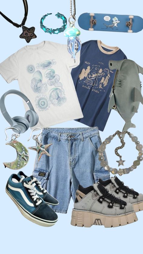 #art #outfitinspo #outfit #inspo #vibes #blue #shark #aesthetic #aestheticcore #oceanboy #blueboy #oceanaesthetic #blueaesthetic #trans #jellyfish Blue Shark Aesthetic, Silly Outfits, Shark Clothes, Silly Clothes, Blue Shark, Funky Outfits, Cool Fits, Swaggy Outfits, Really Cute Outfits