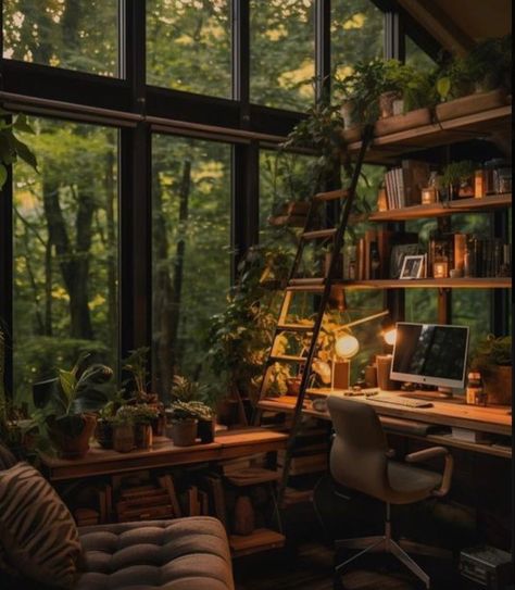 Plant Study Room, Outdoorsy Interior Design, Rustic Cabin Office, Cool Room Aesthetic, Nature Inspired Room, Office Cottagecore, Fence Gardening, Planning Garden, Gardening With Kids