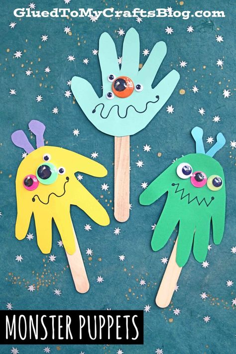 Handprint Puppets, Monsters Inc Crafts, Diy Backdrop Ideas, Easy Paper Crafts For Kids, Ideas For Parties, Halloween Crafts Preschool, Preschool Art Projects, Monster Craft, Toddler Class