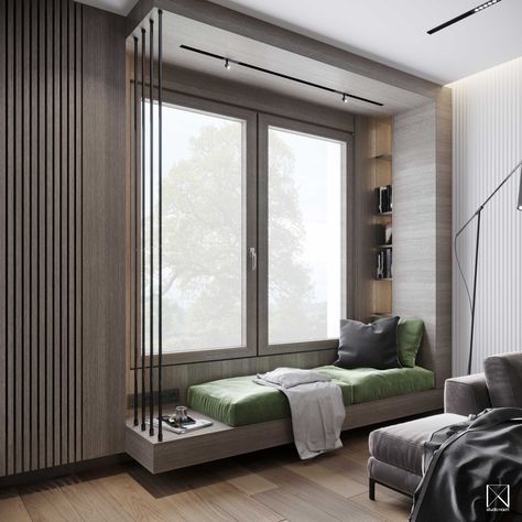 Seated Window Bedroom, Bedroom With Window Behind Bed Modern, Window Sitting Area Bench Seat Master Bedrooms, Modern Window Seat With Storage, Near Window Seating, Bedroom Window Sitting Ideas, Seating By The Window, Sofa Window Seat, Seating Near Window In Bedroom