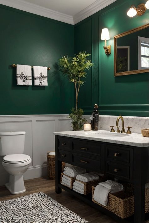 home interior design, interior design space planning, kitchen designs, home paint colors Green Bathroom Black Vanity, Dark Green Paint Bathroom, Emerald Powder Room, Green Paint Bathroom Walls, Forest Green Bathroom Ideas, Black And Green Bathroom, Greenblack Sw, Bathroom Wall Paint, Bad Klein