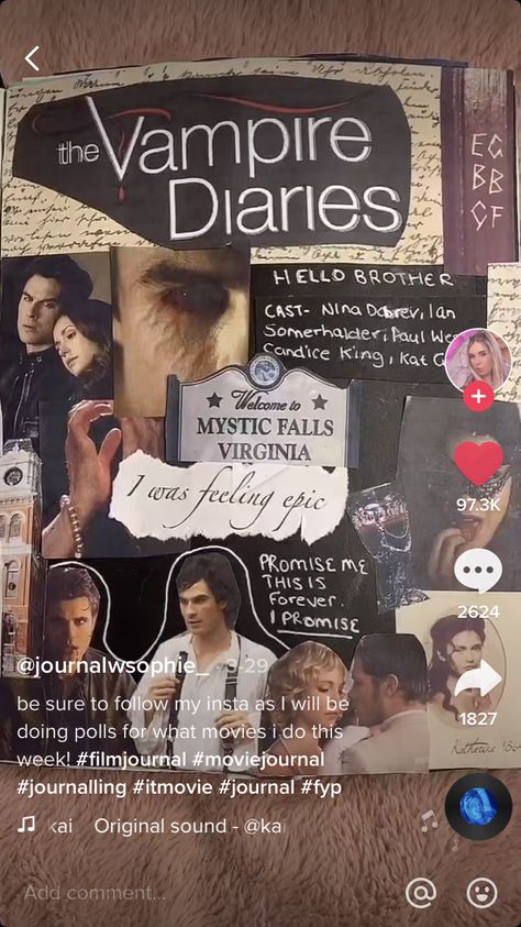 Tv Journal, Movie Scrapbook, The Vampire Diaries Kai, Series Journal, Dear Diary Quotes, Diy Photo Book, Vampire Diaries Quotes, Vampire Diaries Guys, Bulletin Journal Ideas