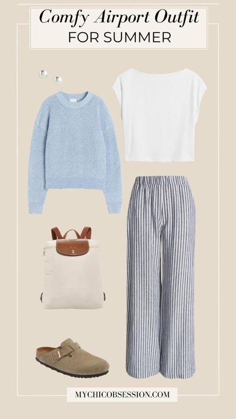 Comfy Airport Outfits to Elevate Your Summer Travel Wardrobe - MY CHIC OBSESSION Casual Sightseeing Outfit Summer, Petite Airport Outfit, Cool Summer Outfit Ideas, Coastal Grandma Chic Outfits, Comfy Put Together Outfits, Comfy Clothes Outfit, Italy Capsule Wardrobe Summer, Airport Outfit Comfy Long Flight, Maine Outfits Summer