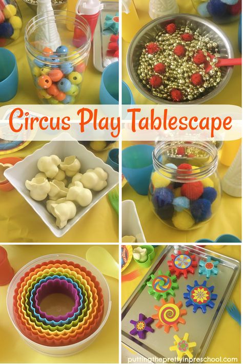 Bright and cheery loose parts add plenty of color to a super fun circus pretend play tablescape your little learners will absolutely love. Preschool Circus, Circus Activities, Science Table, Sensory Tubs, Circus Theme Party, Playbased Learning, Messy Play, Circus Theme, Loose Parts