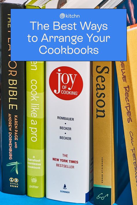 We asked a few professional organizers for their best tips for keeping cookbooks accessible yet organized — and a few super-helpful product suggestions, too. Cookbook Organization Storage, Recipe Book Shelf In Kitchen, Storing Cookbooks In Kitchen, Cookbook Organization Ideas, How To Style Cookbooks In Kitchen, How To Store Cookbooks, Cookbook Display Ideas, Cookbook Library Display, Kitchen Recipe Book Display