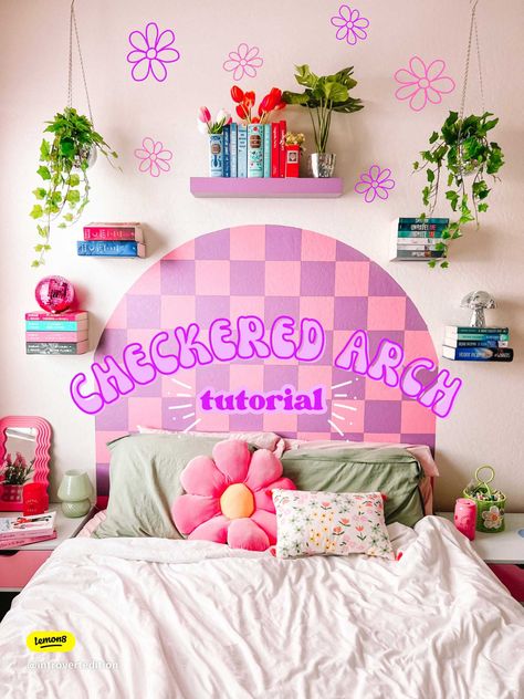 How to paint a checkered headboard 🎨 | Gallery posted by jess 🎀 | Lemon8 Diy Colourful Home Decor, Girls Checkered Bedroom, Checkered Room Ideas, Groovy Toddler Room, Bright Wall Paint Ideas, Groovy Bedroom Ideas, Checkered Bedroom Ideas, Room Ideas Funky, Checkered Headboard